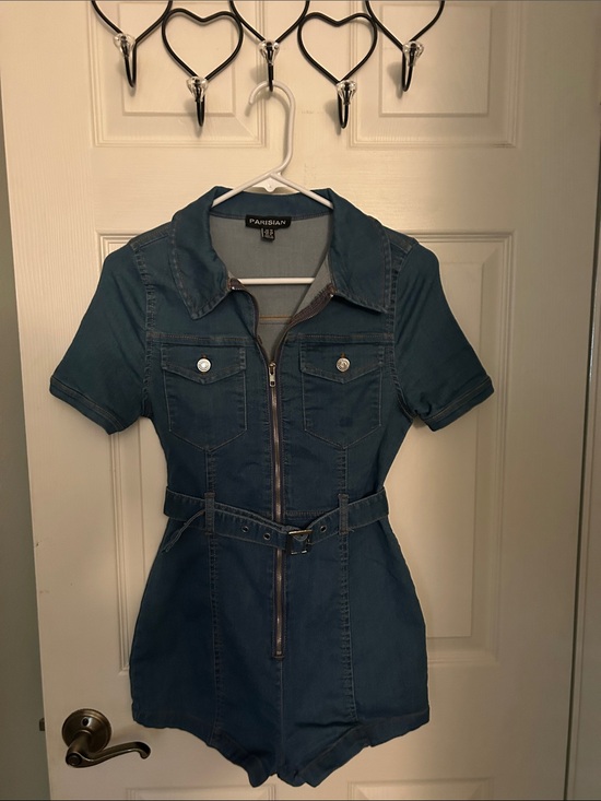 Parisian Pants - Parisian Works Teal Short-Sleeve Denim Romper with Belt
